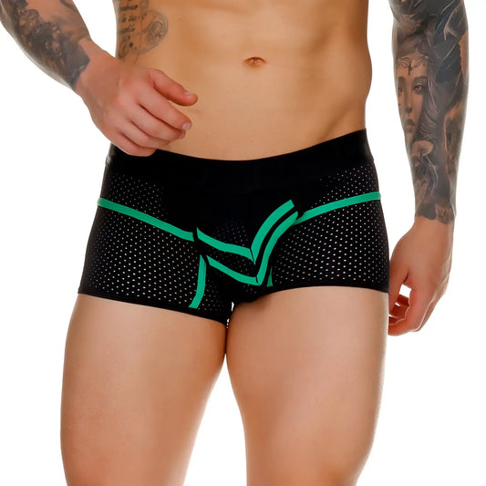 Black mesh briefs with vibrant green geometric trim from gigo medieval green trunk collection front view