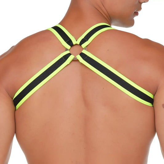 Gigo medieval yellow harness made of neon green and black striped fabric with a central metal ring