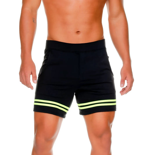 Black gigo medieval yellow short athletic shorts with two neon green horizontal stripes near the hem