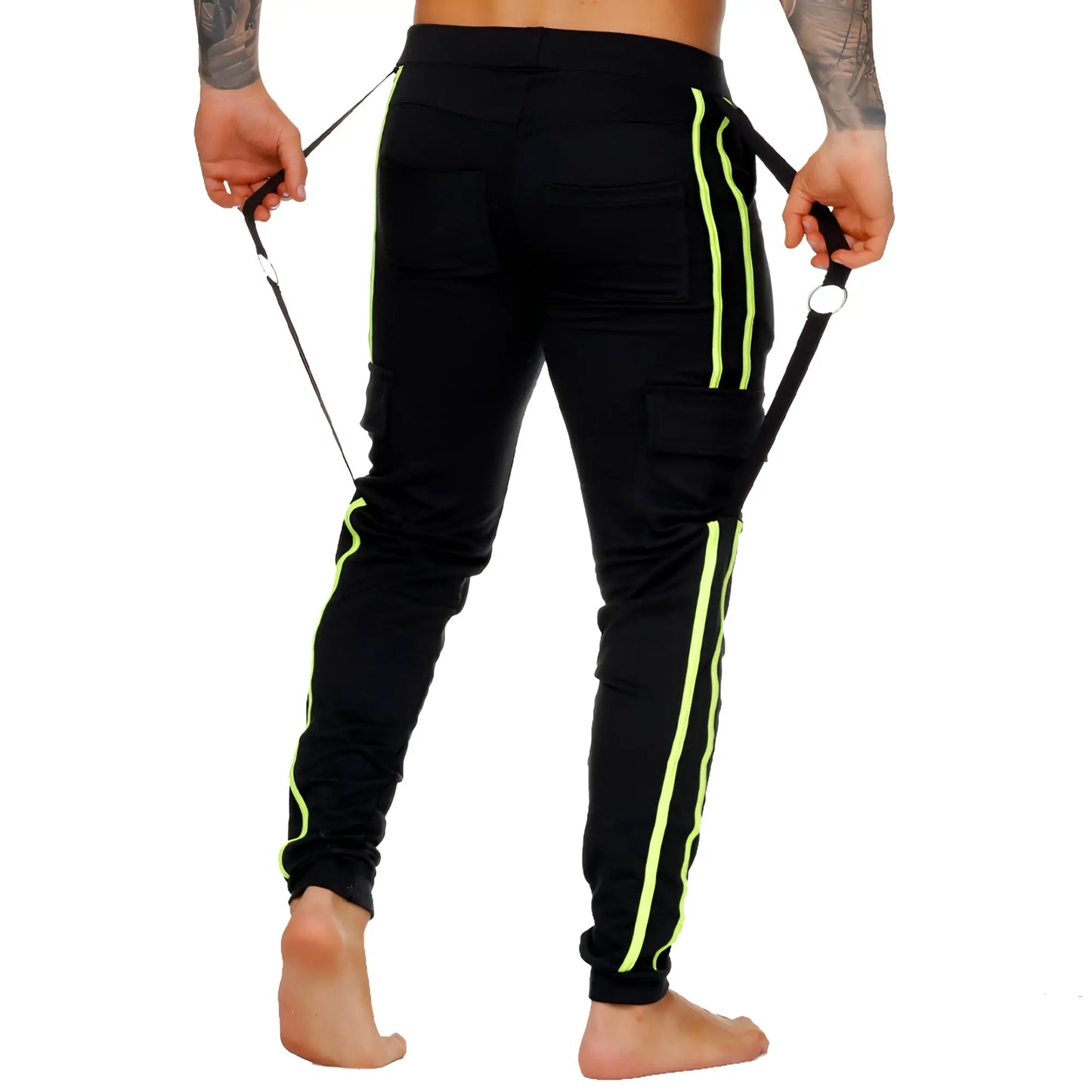 Gigo medieval yellow sportpants black athletic pants with neon green side stripes and cargo pockets