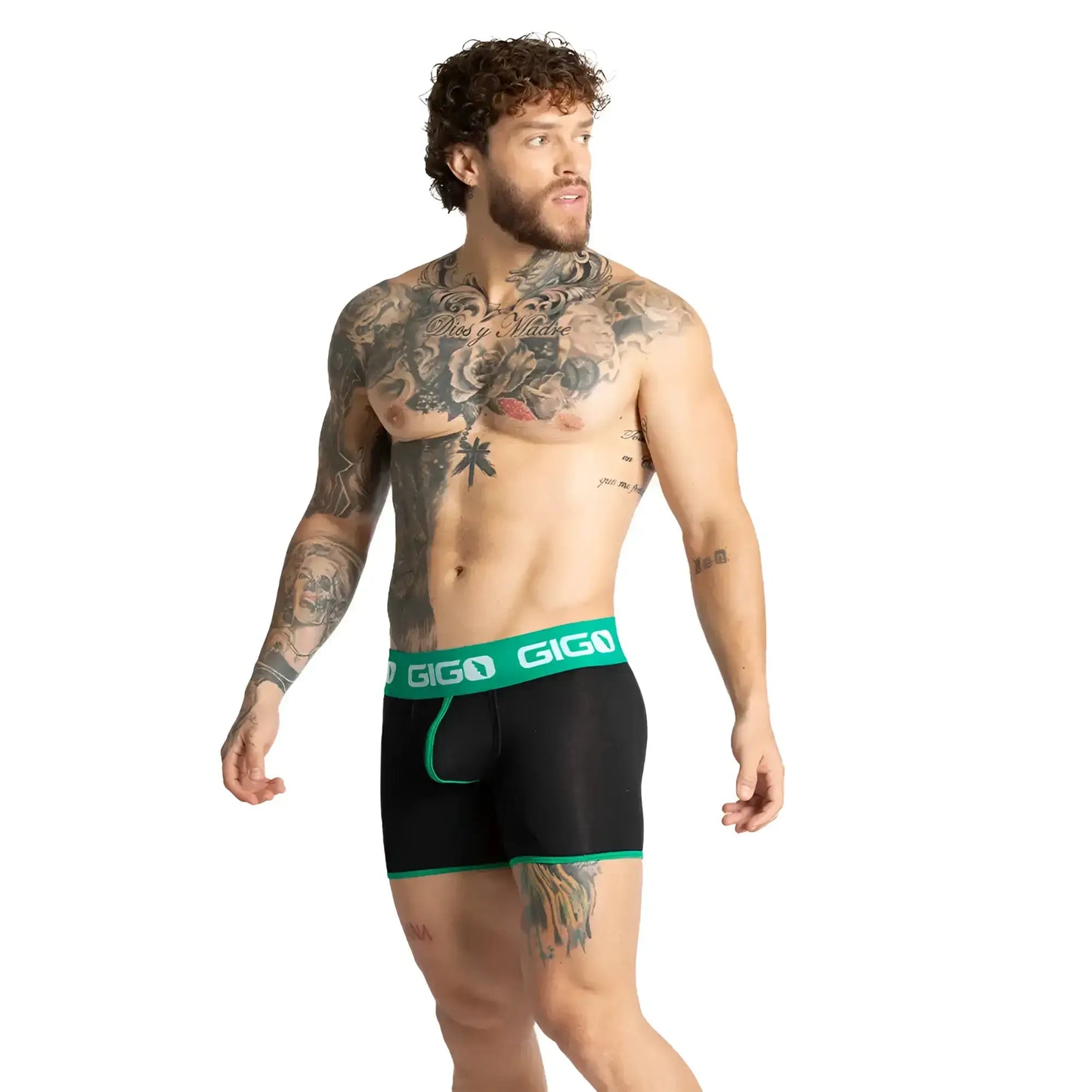 Black giga boxer briefs with vibrant green trim and branding in the style of gigo misty green trunk