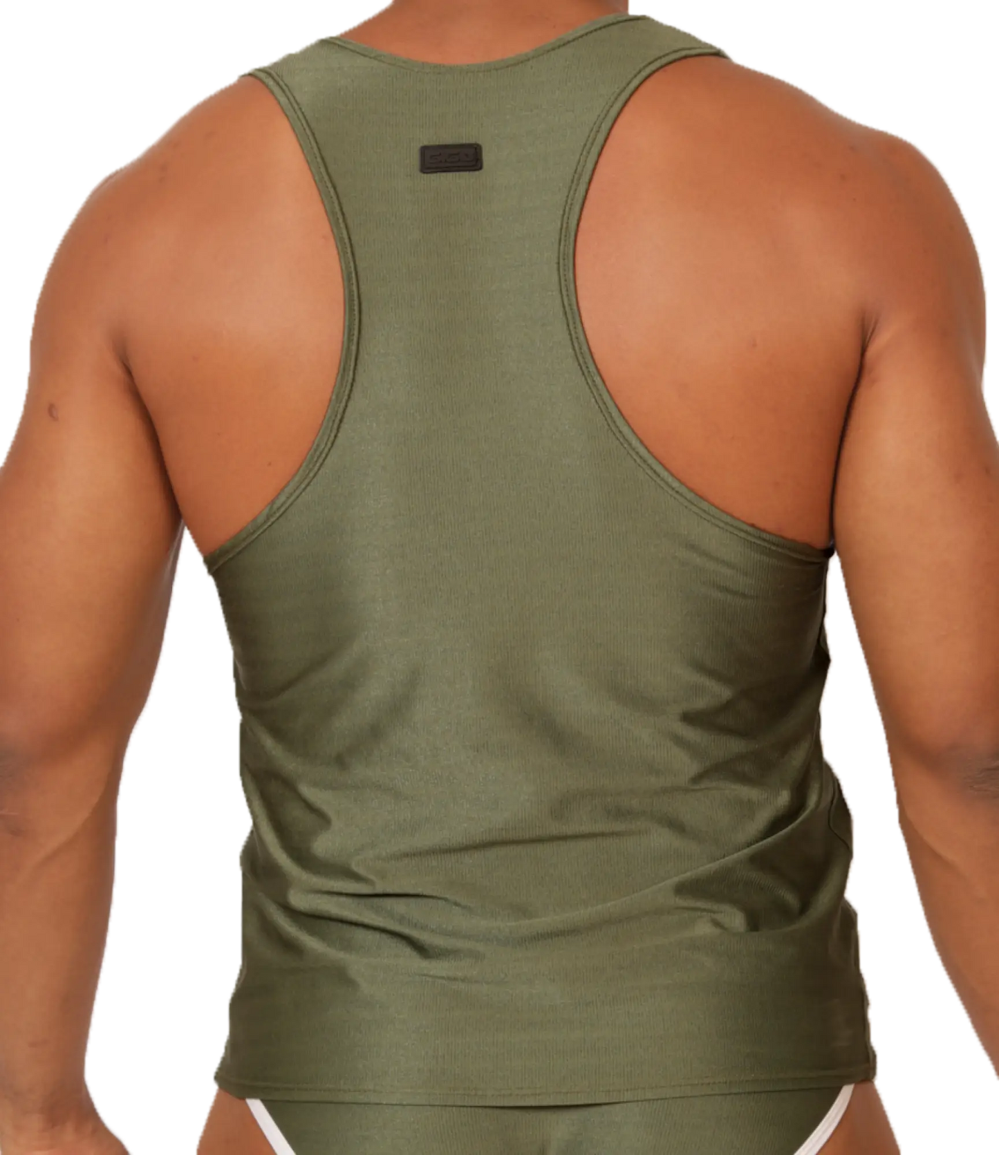 Olive green ribbed racerback tank top gigo mix green tank with small black brand tag on the back