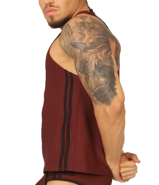 Gigo Mix Wine tank is a maroon cotton tank top with black vertical stripes ideal for casual summer wear