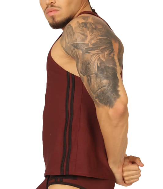 Gigo Mix Wine tank is a maroon cotton tank top with black vertical stripes ideal for casual summer wear