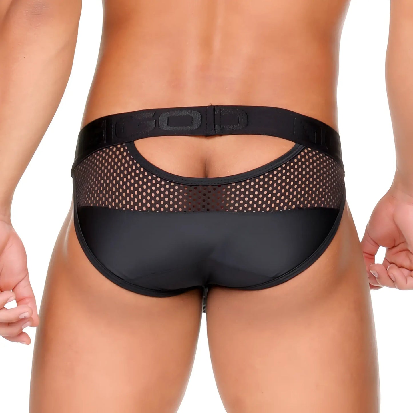 Black mesh and solid fabric briefs with a branded waistband from gigo morocco black brief collection