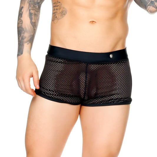 Gigo Morocco black hotshort mesh briefs with a solid black elastic waistband and small metallic button at the front