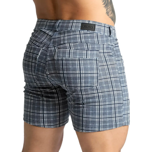 Blue and white plaid gigo mountain square shorts with black brand patch on waistband for casual wear