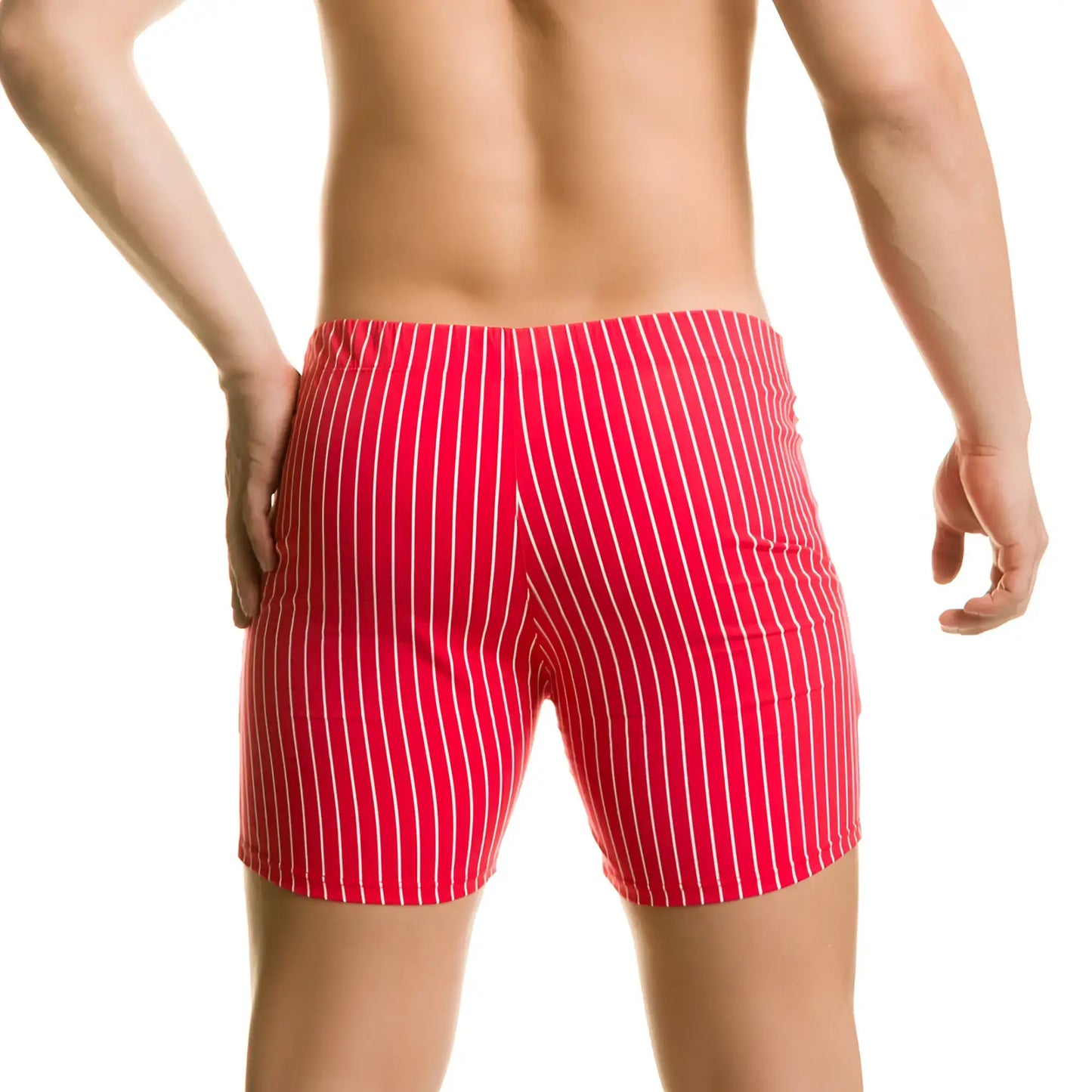 Gigo Naval red beachwear men’s swim trunks with red and white vertical stripes for beach and pool use