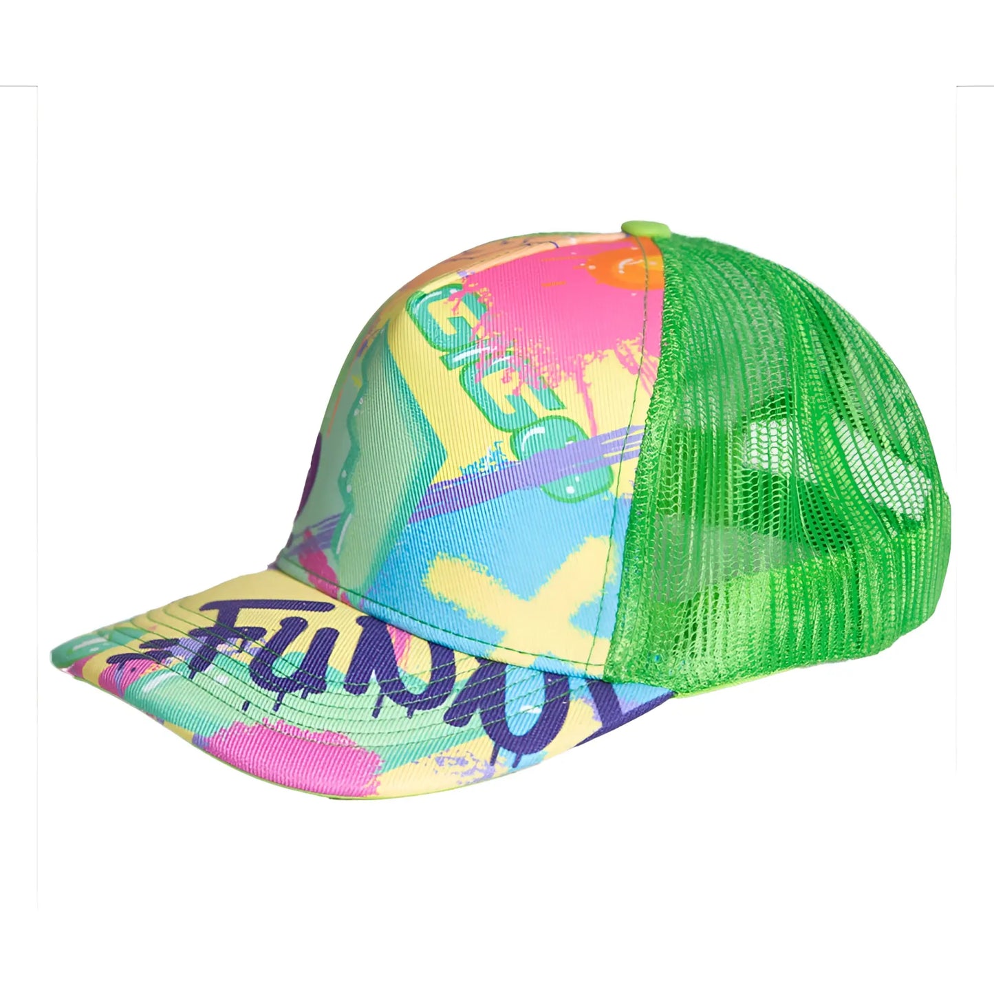 Vibrant gigo neon green caps trucker hat with neon green mesh back and colorful paint splatter design with bold purple