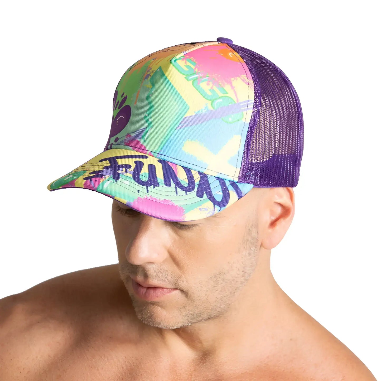 Vibrant gigo neon purple trucker hat with mesh back and colorful abstract design featuring fun lettering
