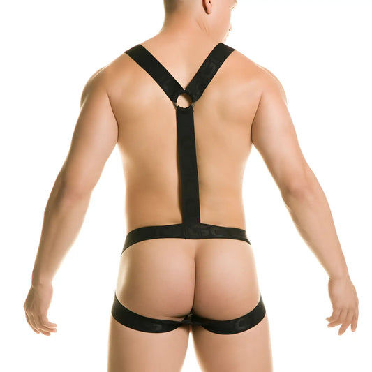 Black sleek form-fitting harness-style underwear with central back strap and adjustable shoulder straps shown from back