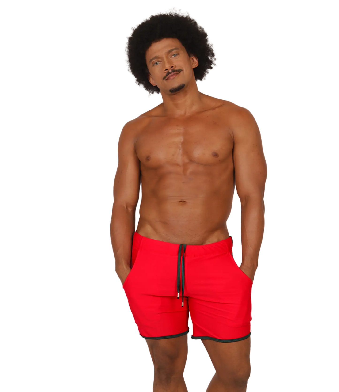 Bright red gigo nice red beachwear swim trunks with black trim and matching drawstring for beach use