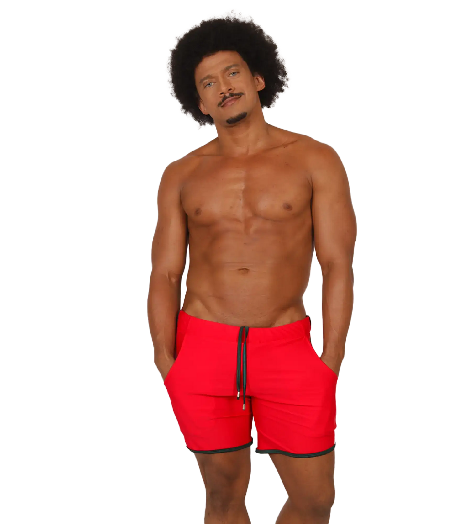 Bright red gigo nice red beachwear swim trunks with black trim and matching drawstring for beach use