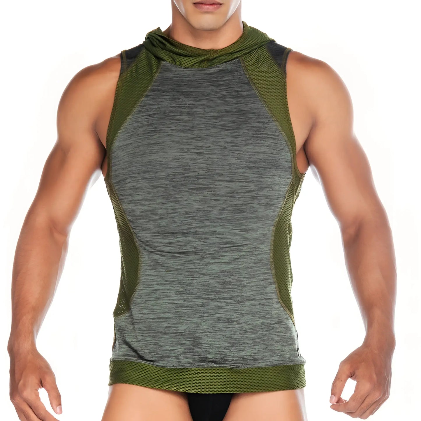 A men’s sleeveless athletic top gigo nirvana green hoody tshirt with gray heathered fabric olive green mesh panels