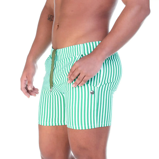 Green and white vertically striped swim trunks with drawstring waistband from gigo polo green beachwear collection