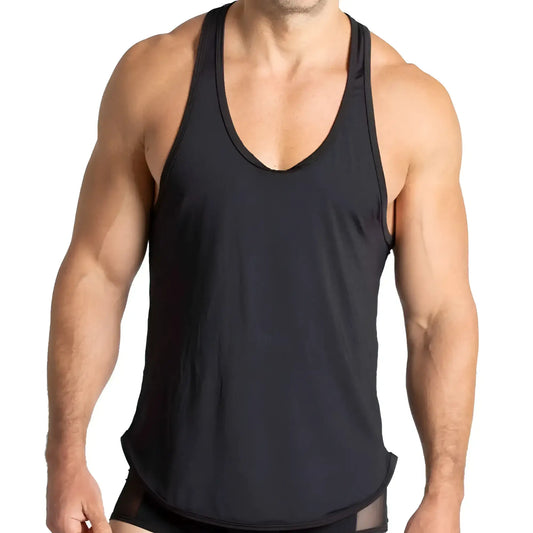 Gigo purity black tank racerback tank top with scoop neckline and subtle side slits in black fabric