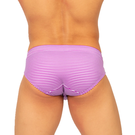Gigo rank purple swim brief featuring purple and white striped swim trunks designed for comfortable swimming use