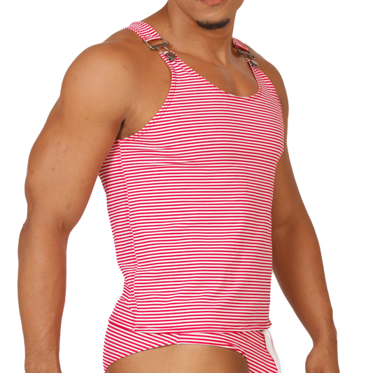 Gigo Rank Red Tank pink and white striped tank top with adjustable metallic buckle shoulder straps
