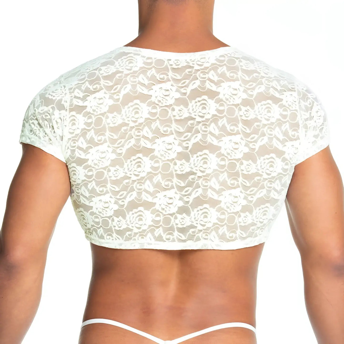 Gigo redemotion beige crop top featuring white floral lace design with delicate texture and stylish fit