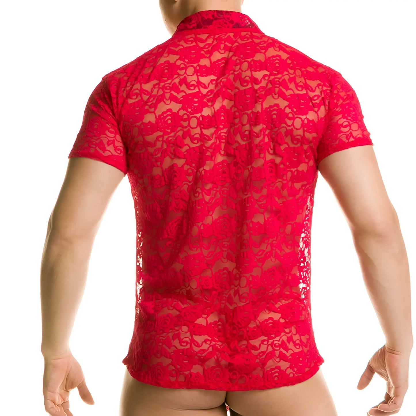 Gigo Redemotion red shirt vibrant red lace short-sleeved shirt with intricate floral pattern and collar