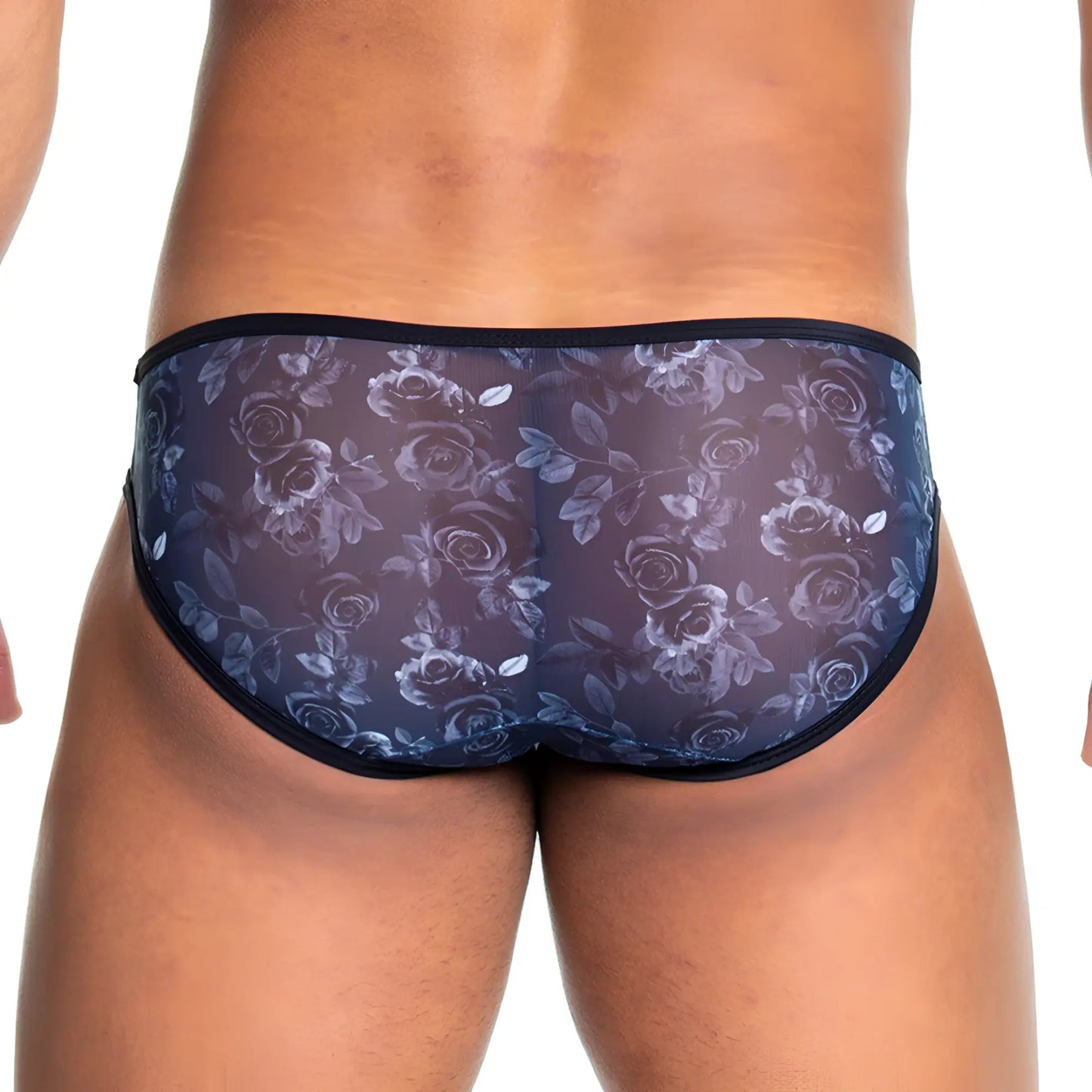 Dark blue sheer Gigo Rose Black brief with delicate rose and leaf pattern and black trim
