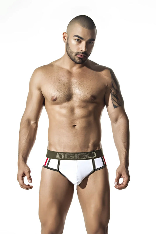 Gigo royalty white brief g string underwear with black and red trim size m showing front side