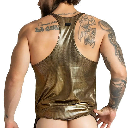 Gigo Shinese tank shiny gold metallic ribbed tank top with a sleek textured finish perfect for stylish wear