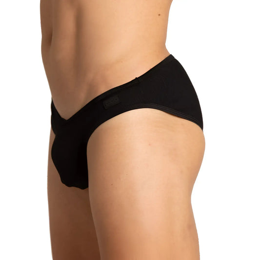 Gigo soft black brief in sleek black form-fitting fabric with minimalist design and subtle waistband branding