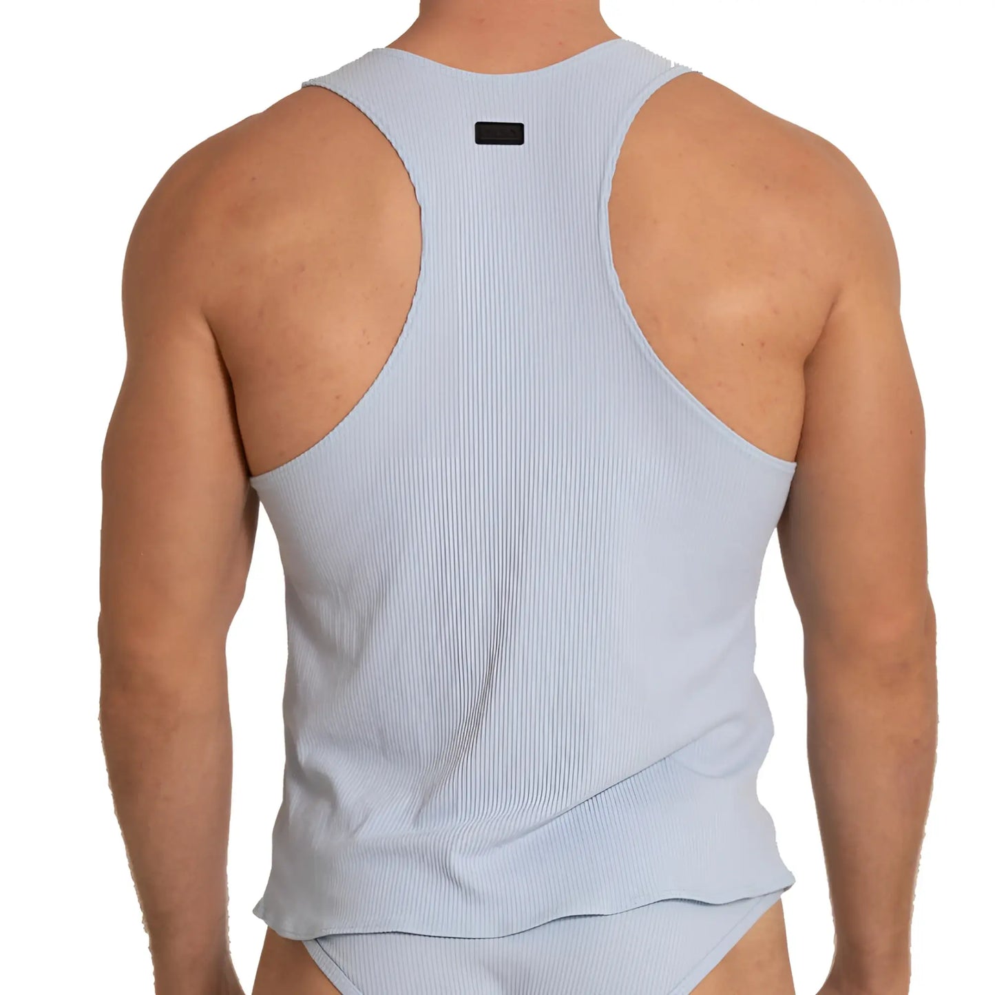 Light blue ribbed Gigo soft tank top showing the back with a black rectangular tag at the neck