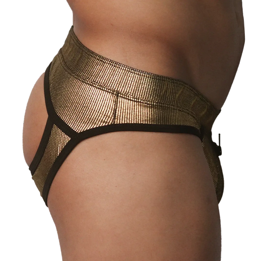 Metallic gold jockstrap with a textured, shimmering finish and black trim detail, shown from a side profile.