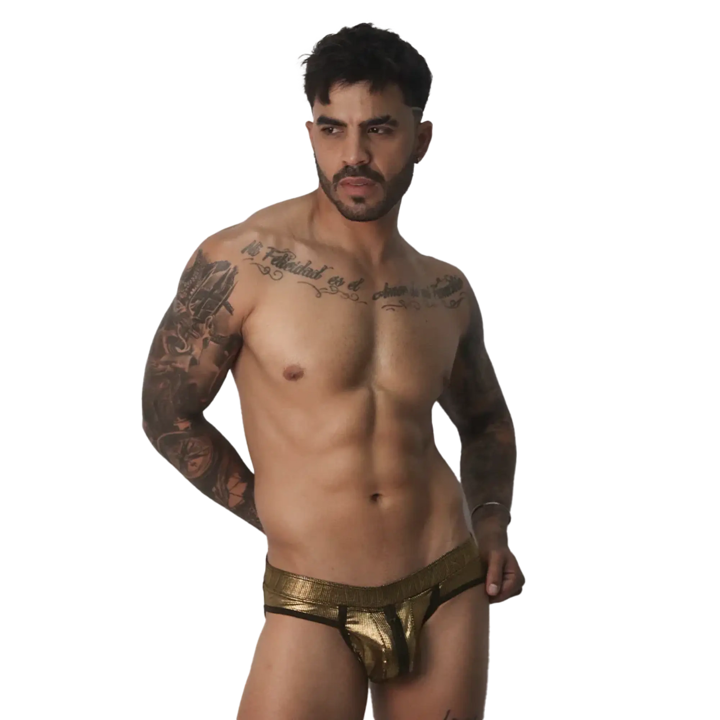 Metallic gold jockstrap with a contoured pouch, dark trim, and a wide, textured elastic waistband.
