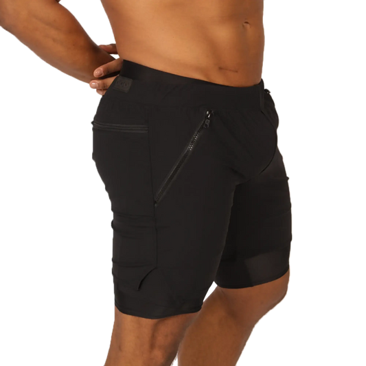 Gigo sporty black athletic shorts with sleek form-fitting design and multiple zippered pockets for secure storage