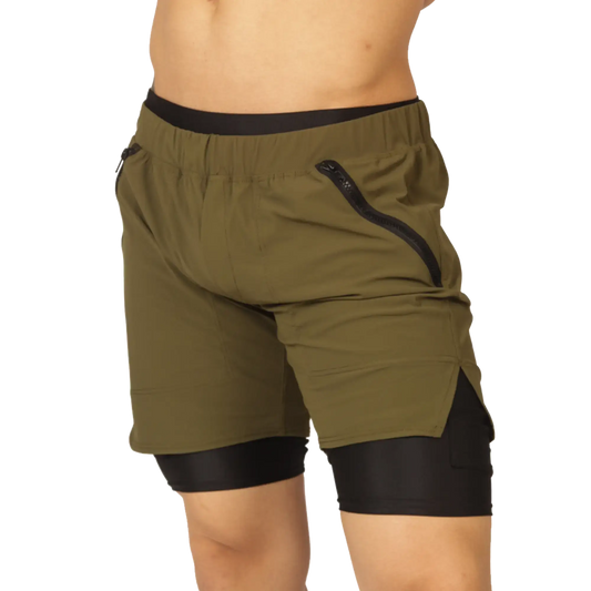 Gigo sporty green short olive green athletic shorts with black elastic waistband and zippered side pocket inner lining