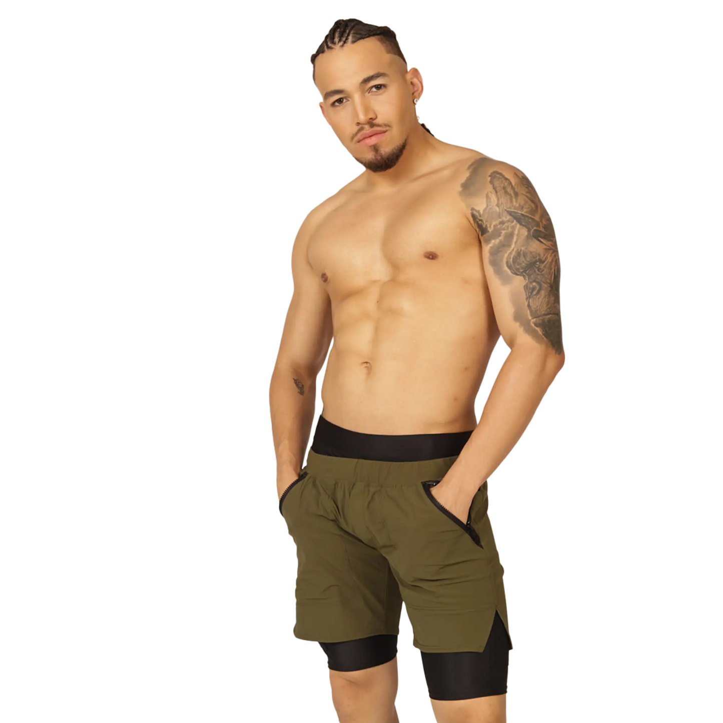 Olive green gigo sporty athletic shorts with black waistband and inner lining designed for active wear