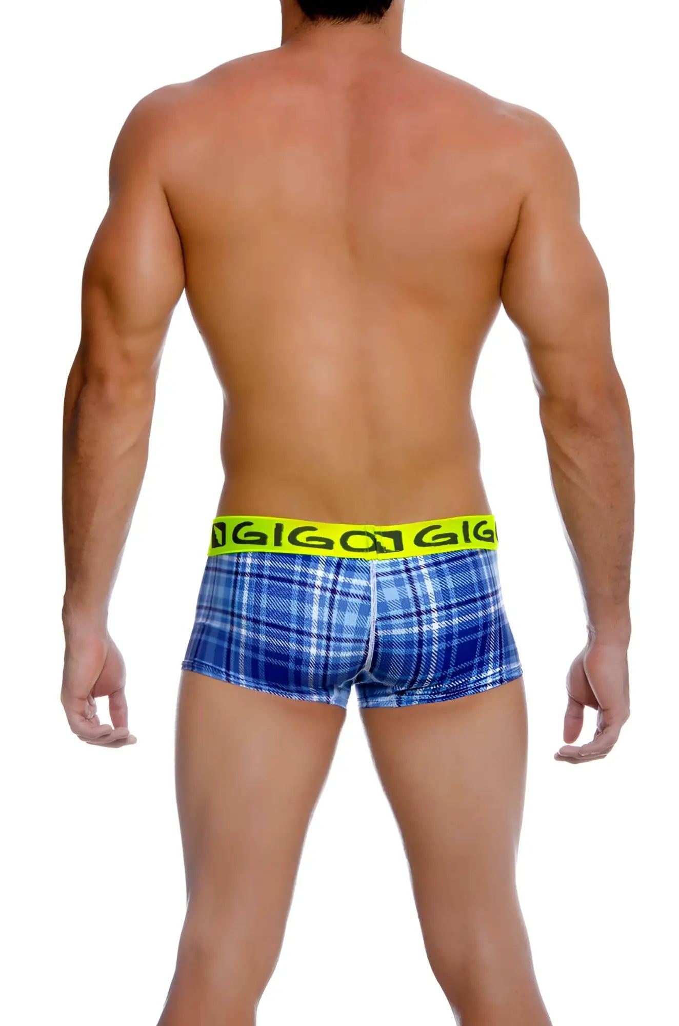 Blue plaid gigo square short boxer underwear with neon yellow elastic waistband and black gigi branding size l