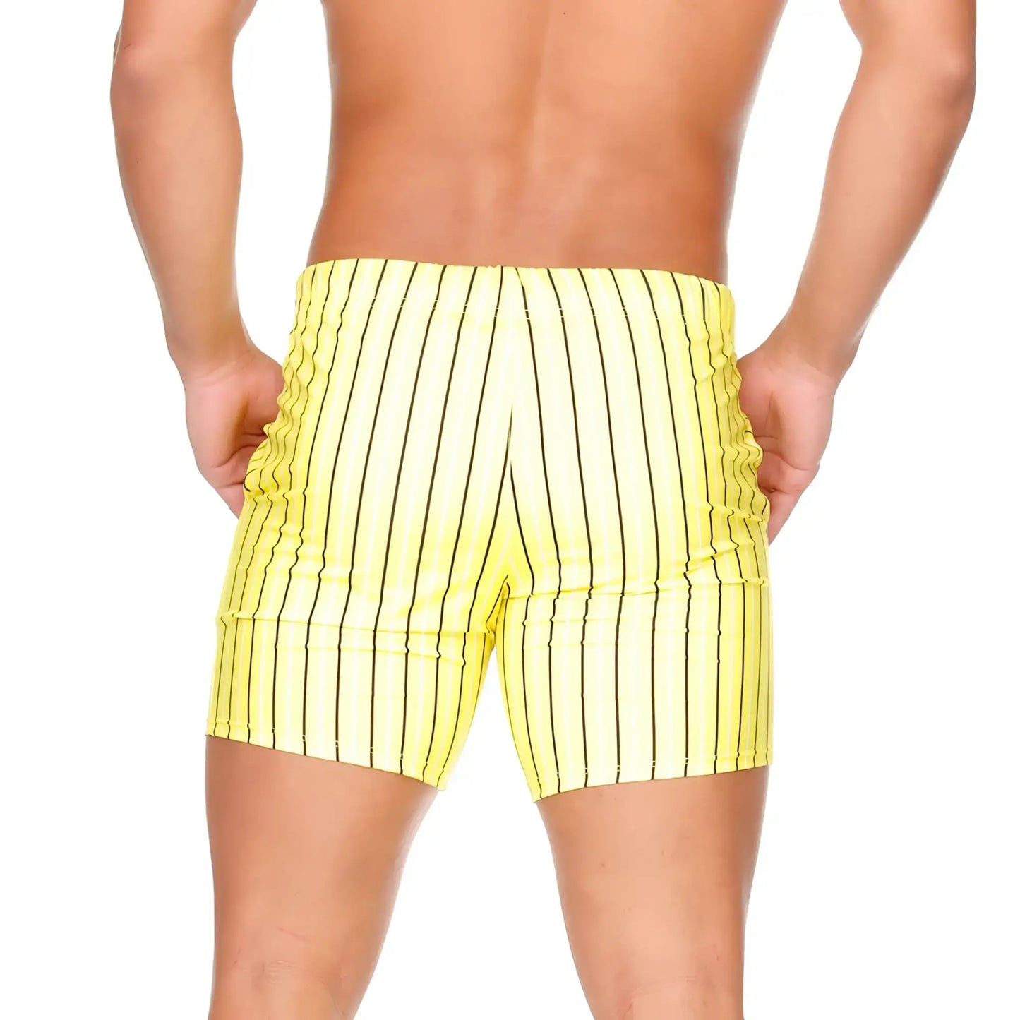 Bright yellow swim trunks with bold black vertical stripes from gigo sultan yellow beachwear collection