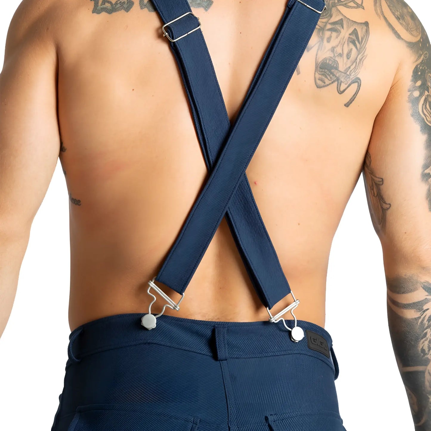 Navy blue cross-back Gigo Suspenders blue short with silver metal clasps and adjustable buckles shown from the back side