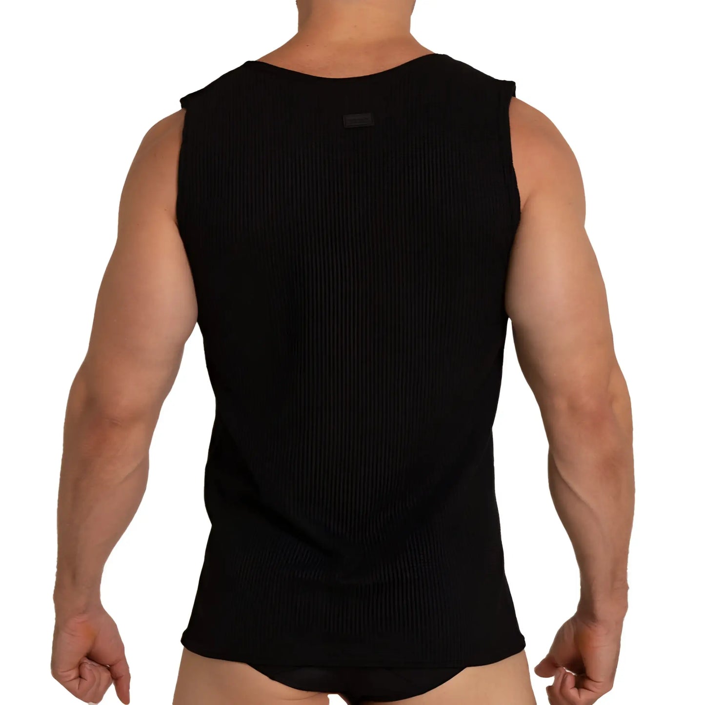 Black sleeveless gigo tissue tank top with rounded neckline and fitted cut for a sleek casual look