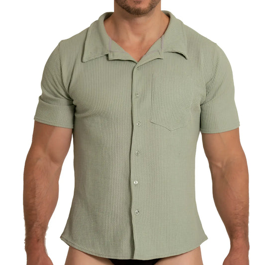 A men’s short-sleeved button-up gigo tissue green shirt in textured light sage green fabric with classic collar