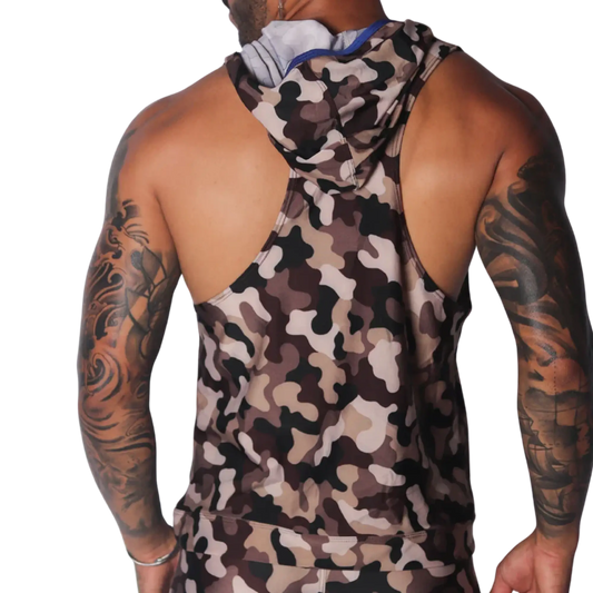 Brown camouflage print sleeveless hooded tank top with a thin blue trim on the hood's interior.