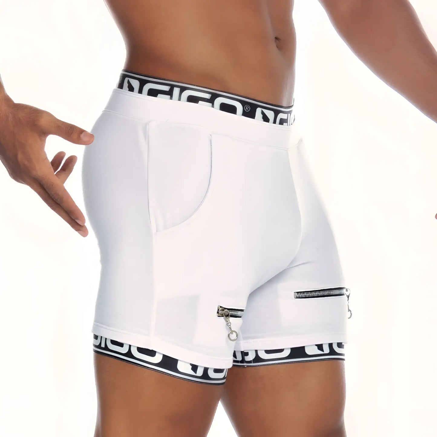 Gigo Tropixx white men’s athletic shorts with black and white patterned waistband and hem and side zipper pocket
