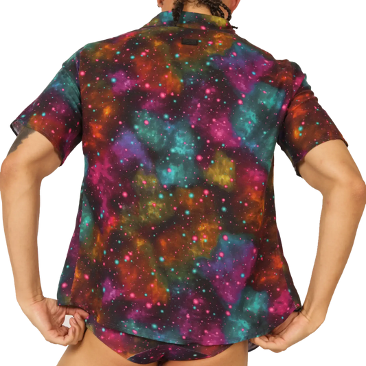 Gigo Universe shirt vibrant galaxy print short-sleeved button-up with swirling nebulae in teal magenta orange and purple hues