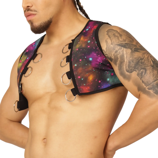 A vibrant galaxy-print Gigo Universe vest harness with black straps and silver metal rings