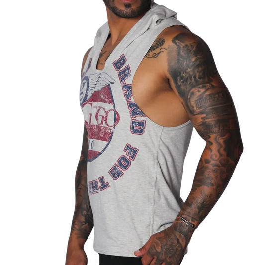 Light gray sleeveless hoodie t-shirt with a vintage-style red and blue "Gigo" wing graphic on the chest.