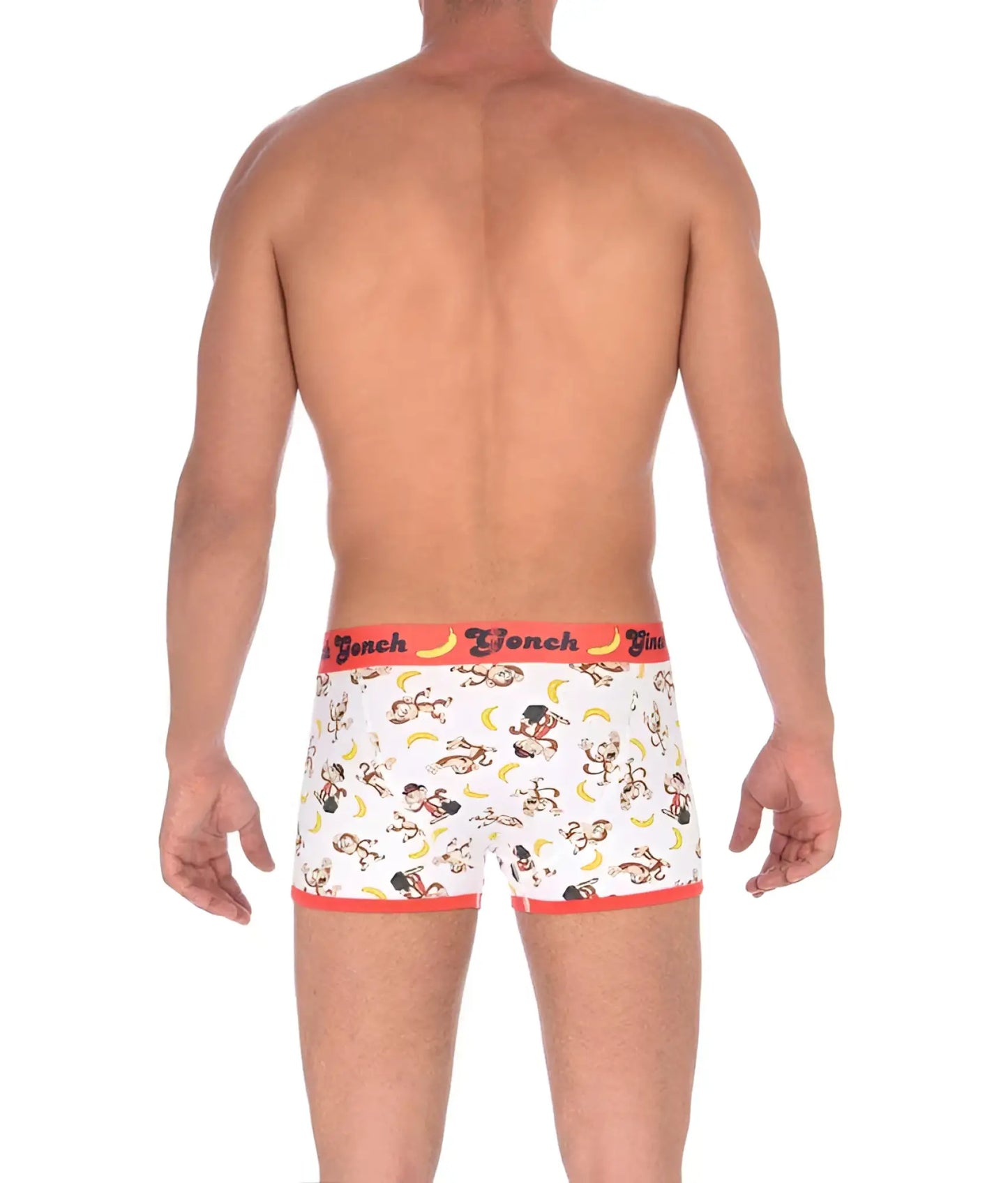 White boxer briefs with playful monkey and banana pattern, bold orange trim, french brand waistband, ginch gonch gone bananas trunk underwear size m
