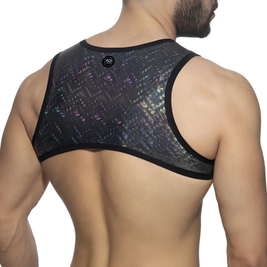 Black mesh tank top glitter harness with iridescent starry pattern and black trim visible from the front