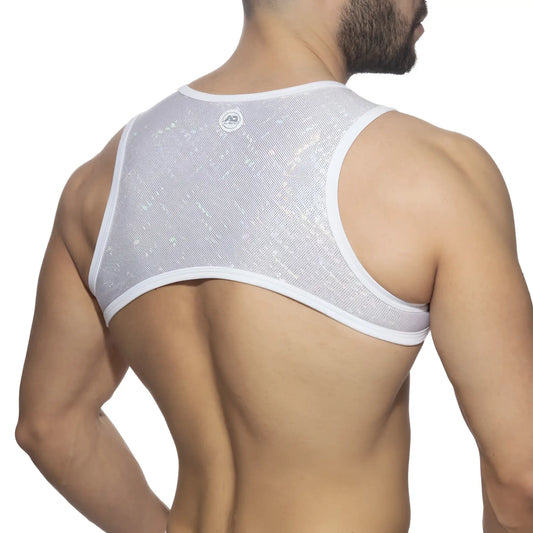 White mesh tank top glitter harness with subtle glittery texture and white trim