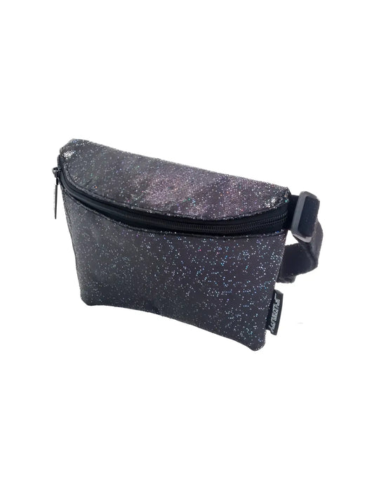 Glitter ultra slim fanny pack made of black glittery fabric with zipper closure and adjustable strap