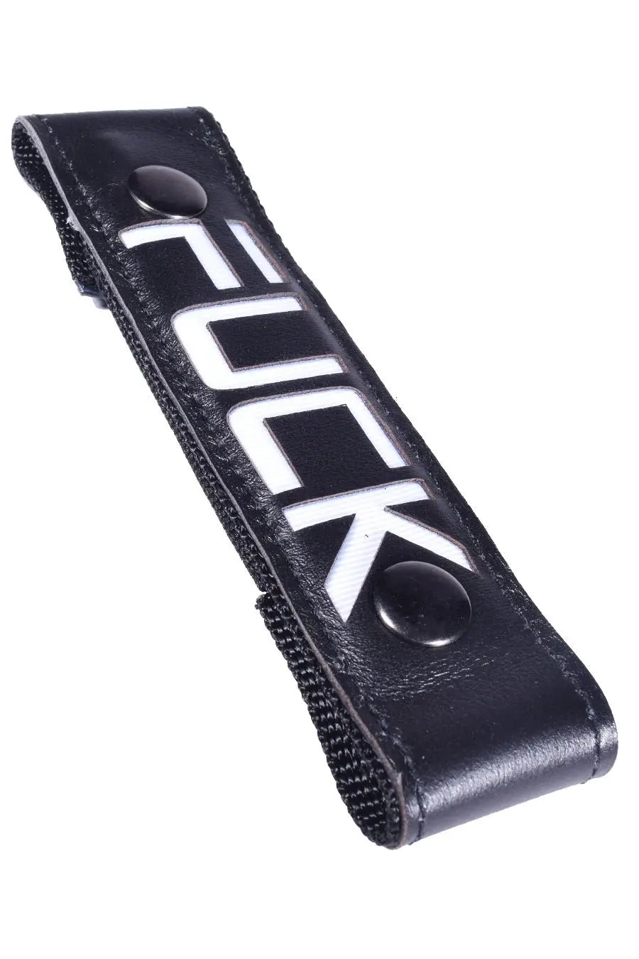 Black leather center strap with white 'FUCK' text featuring snap buttons by Breedwell