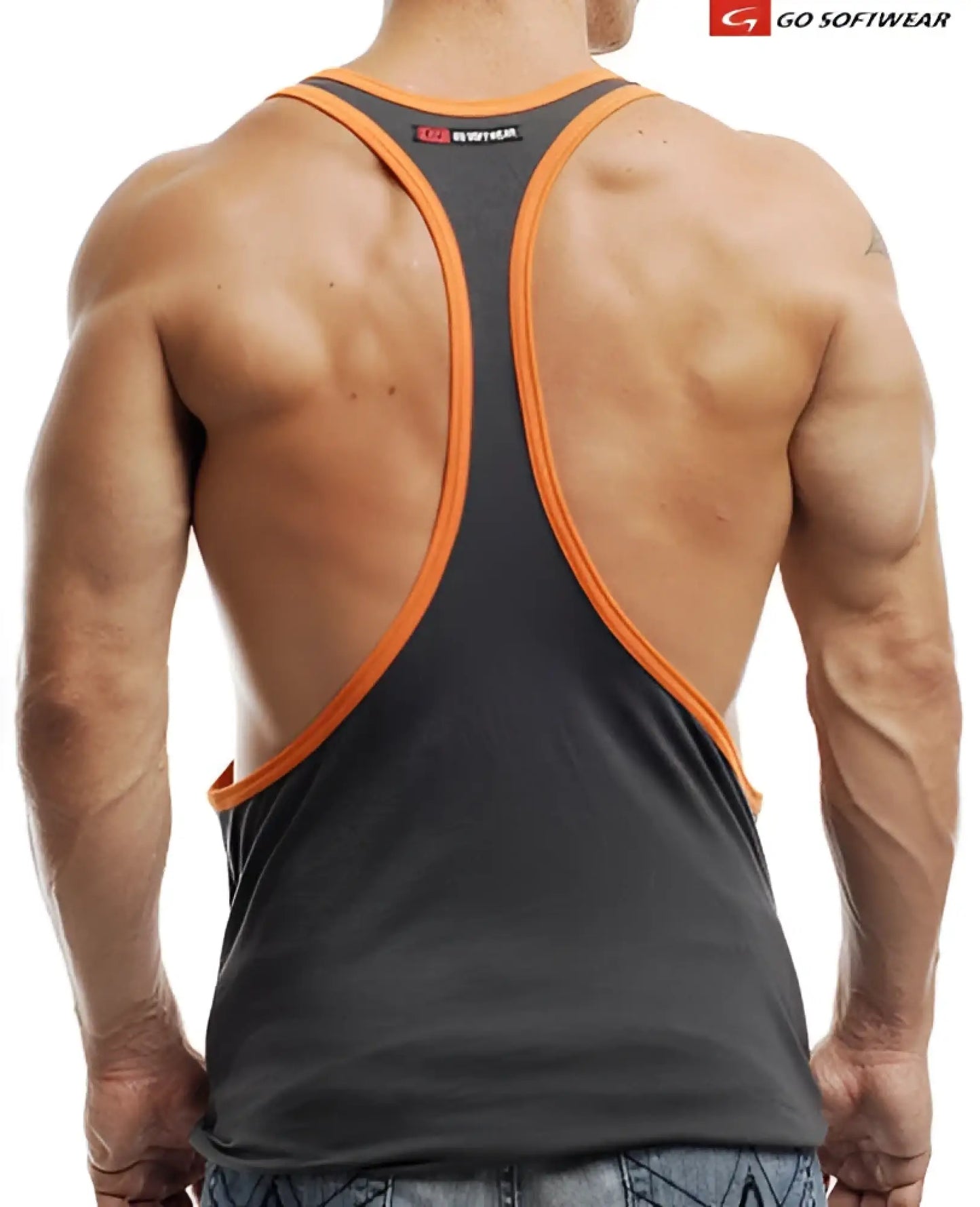 Black and orange racerback muscle tank top with sleek athletic design from Go Softwear Active L. A. Wash collection size L